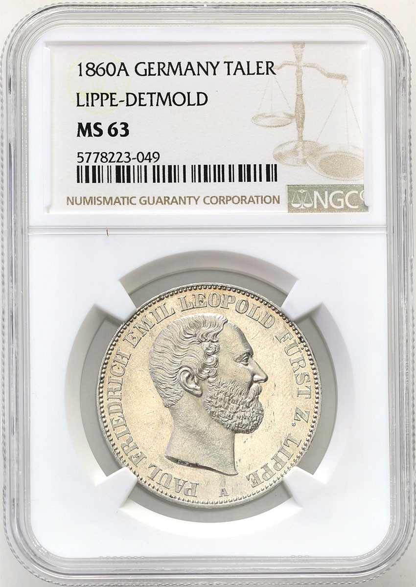 Niemcy, Lippe - Detmold, Leopold III (1851–1875). Talar 1860 A, Berlin NGC MS63 (MAX)